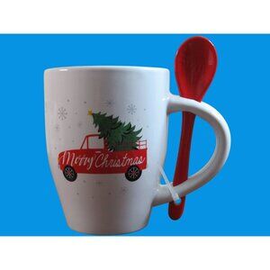 Christmas Mug W/ Red Truck & Tree Design Includes Red Spoon